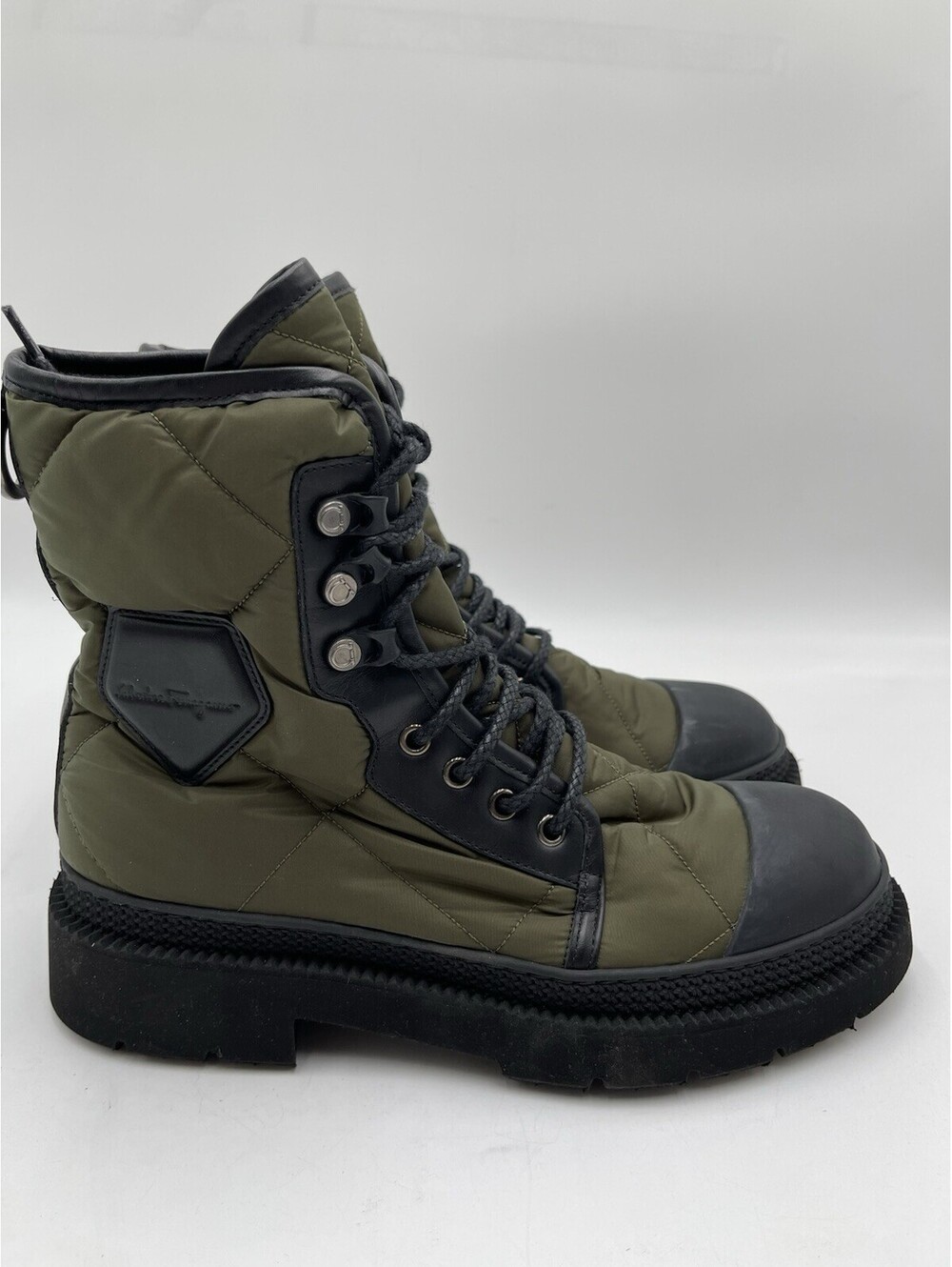 Salvatore Ferragamo Olive Quilted Nylon and Leather Rally Combat Boots Size 5.5M